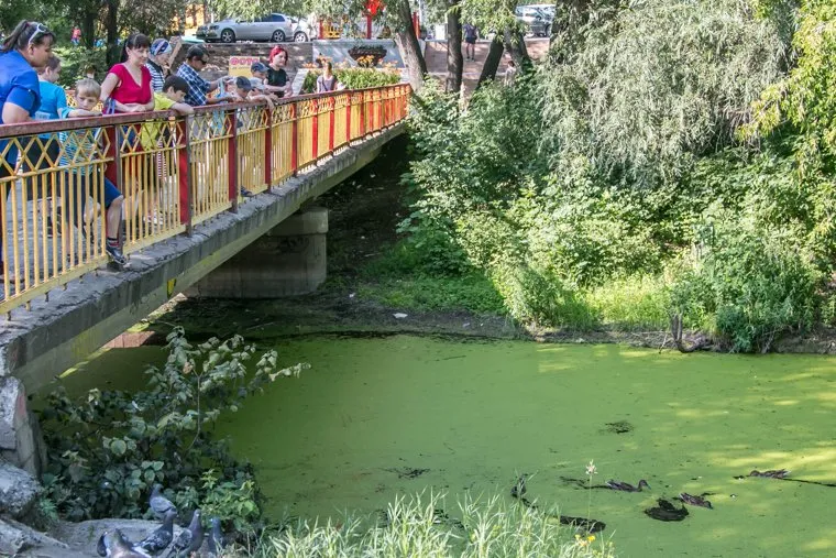 ЦПКиО города Кургана, отдыхающие, речка битевка, цпкио, мост