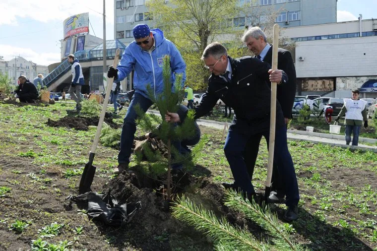 Высадка деревьев в Литературном сквере, возле Челябинской областной публичной библиотеки. Челябинск, жучков владимир, ереклинцев виктор