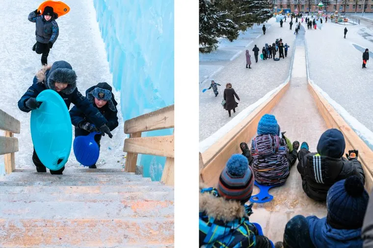 Дети катаются с горки на площади Ленина. Курган, горка, каникулы