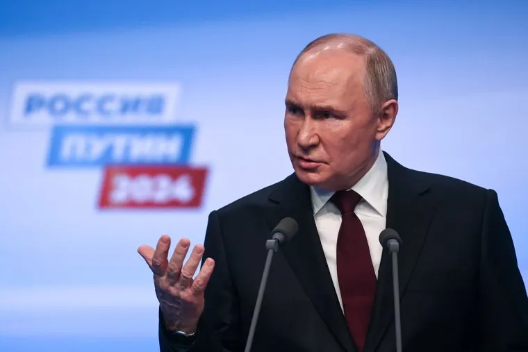 Президент России Владимир Путин на пресс-конференции после окончания голосования на президентских выборах 2024. Москва