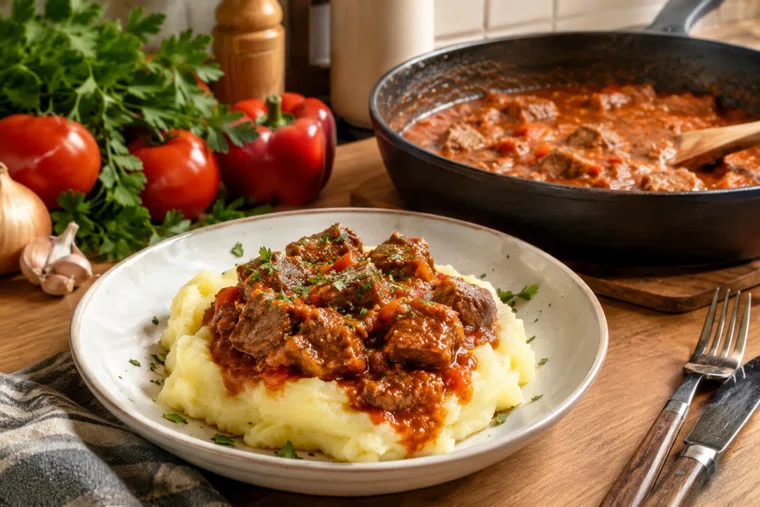 Домашний гуляш готовят из мяса с томатной подливкой на сковороде с луком и специями