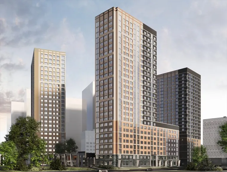 Семь 27-этажных небоскребов с панорамными окнами напоминают космические станции