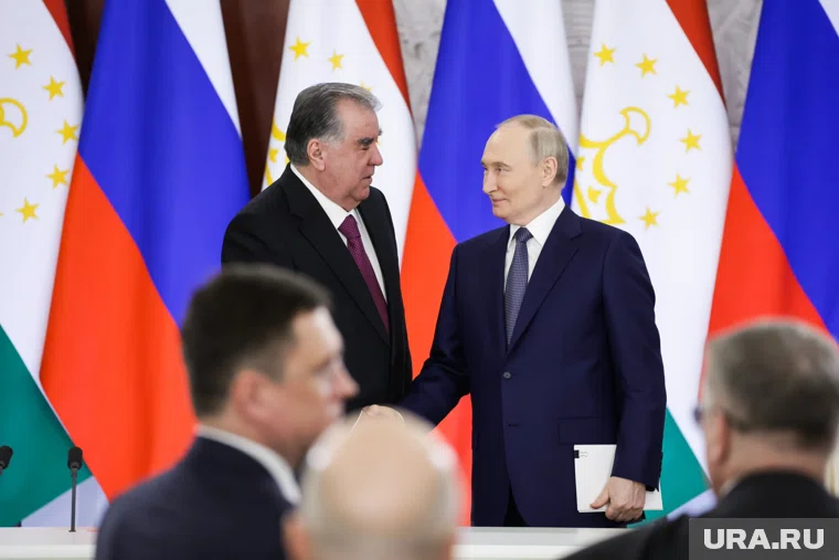 При встрече Путин и Рахмон пожалили друг другу руки (архивное фото)