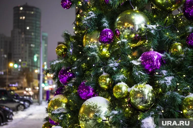 Из-за отсутствия снега елка пока стоит на фоне травы