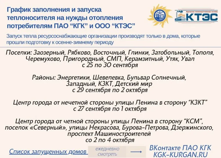 График запуска тепла в курганские жилые дома